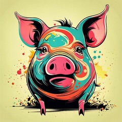 Wall Mural - generative AI - funky colorful pig art illustration