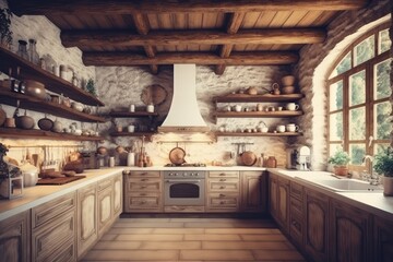 Poster - Interior of a kitchen with white furnishings, wooden wall shelves, counters, an oven, and draped windows. a mockup Toned picture