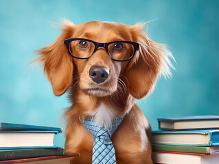 Sticker - An adorable dog donning glasses and sitting in front of a stack of books, against a vivid blue backdrop, portrays a whimsical and studious character full of charm.