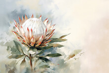 Watercolor Painting Of A Protea Flower On A Watercolor Background