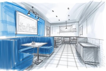 Poster - Interior sketch of a contemporary dining area done by hand with an empty poster. Project, architecture, and blueprint concepts.