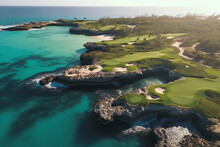 Aerial View Of A Beautiful Golf Course With Green Sand And Rocks