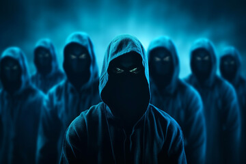 Group of unknown hooded people standing in front of a glowing stage.