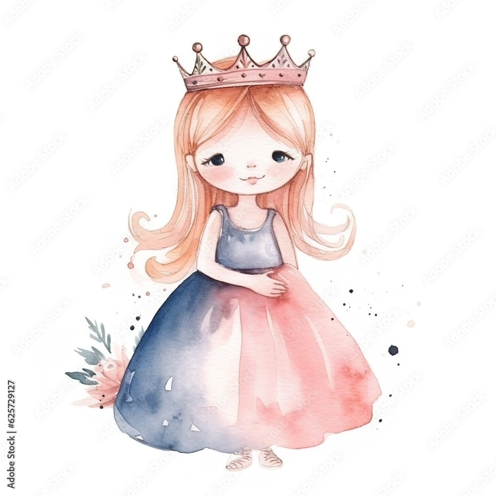 watercolor clipart of cute princess in dress and crown, naive cartoon ...