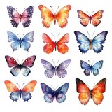 Fototapeta Motyle - set of cute different multicolored watercolor butterflies isolated on white background. generated ai
