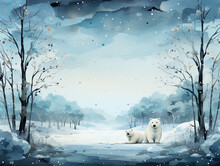A Painting Of Two Polar Bears In A Snowy Forest. Generative AI. Winter Greeting Card Design, Wintertime Background With Copy Space, Place For Text.