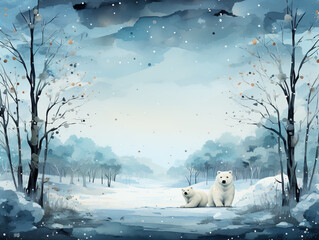 A painting of two polar bears in a snowy forest. Generative AI. Winter greeting card design, wintertime background with copy space, place for text.