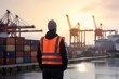 A worker in an orange vest stand his back, blurred seaport background. Sea port generative AI image