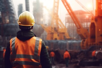 Wall Mural - Foreman stands with his back and looks at the construction site. Worker controls a construction crane. Generative AI builder image