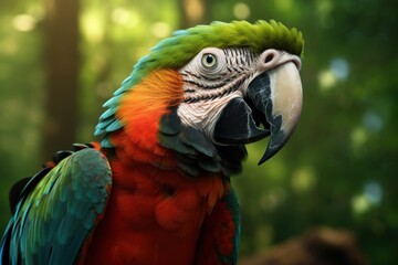 Wall Mural - Macaw wild parrot in green forest. Ara bird portrait, exotic green jungle background. Generative AI wildlife wallpaper