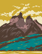 WPA poster art of Torres del Paine National Park from Lake Pehoe in the Chilean Patagonia within Magallanes and Chilean Antarctic Region Chile done in works project administration or Art Deco style.