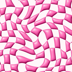 Poster - Vector Seamless Pattern with Distorted 3D Plastic Checker Texture. Pink Checkered Pattern in Trendy Pinkcore Style