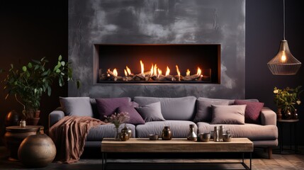 Wall Mural - modern contemporary luxury interior design of a living room with couch and fireplace as modern home mockup banners - Generative AI