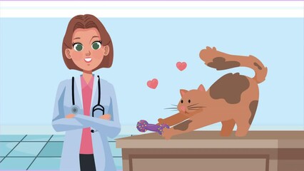 Poster - female veterinary with cat mascot animation