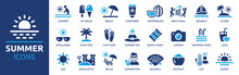 Summer Icon Set. Containing Beach, Sun, Swimming, Sunscreen, Sunglasses, Palm Tree, Ice Cream And Swimming Pool Icons. Solid Icon Collection. Vector Illustration.