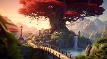 Fairytale Fantasy World With An Old Tree And A Bridge Across The River. Ai Generation