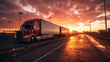 Trucks at a truck stop at dramatic sunset. Generative AI