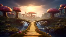 Fairytale Fantasy World With Abstract Mushrooms And A Double Bridge Across The River. Ai Generation