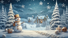 Creative Illustration Of A Snowman And A Decorated Fir Tree In The Background You Can See A Small Town Covered With White Snow. Christmas Winter Concept. Generative AI