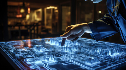 a senior military soldier places something on a high-tech map. Generative AI
