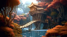 Fairytale Fantasy World With A Dilapidated Hut In The Thickets And A Bridge Across The River. Ai Generation