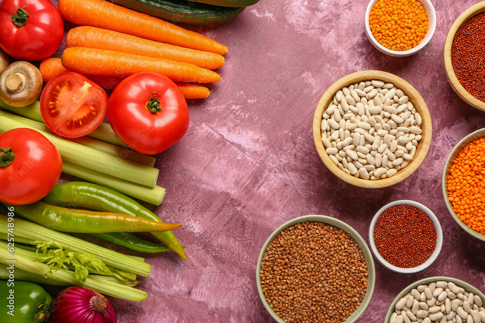 Different fresh vegetables and cereals on purple background