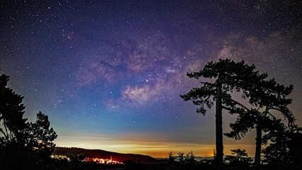 Poster - milky way band descends below clouds, night sky from mount olympos timelapse