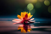 Pink Lotus Flower On Night With Blurred Background. Calm Water Reflection And Relax