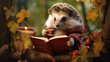 Hedgehog with a book reading under a tree in a park. Generative AI