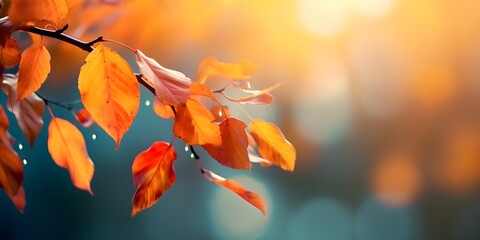 Wall Mural - Autumn colorful bright leaves swinging in a tree in autumnal park. Autumn colorful background, fall backdrop, AI generative