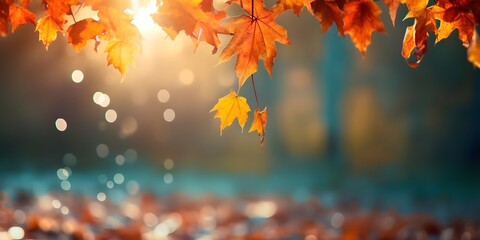 Autumn colorful bright leaves swinging in a tree in autumnal park. Autumn colorful background, fall backdrop, AI generative