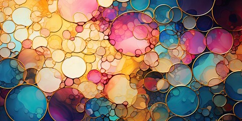 Abstract scattered circles. Alcohol ink concept art design.  Metal treasure and gold. Colorful jewels sparkle bokeh background.