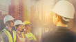 An Double exposure of a Diverse Team of Engineering Experts and Asian Workers on Construction sites for Real Estate construction Projects with Civil Engineers and Architectural Investors.