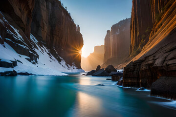 The end season of iceberg in morning with water river and huge cliff. Water river flow to sea coast the sea shore