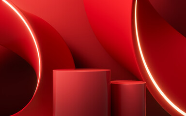 Canvas Print - Red curve ring geometry and stage, 3d rendering.