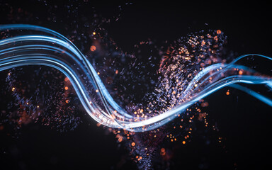 Poster - Flowing curve and particles background, 3d rendering.