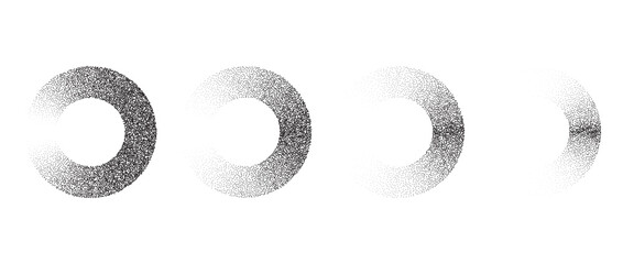 Poster - Set of textured gradient rings. Black dotted circles collections. Stippled round elements pack. Fading noise grain dotwork shapes. Halftone effect illustration bundle. Vector