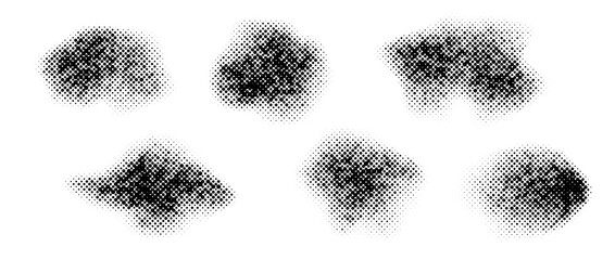 Poster - Abstract halftone texture stains. Grunge noise grain shapes set. Black comic spray splashes and spots. Dotted gradient elements and splatter forms collection. Vector pop art bundle