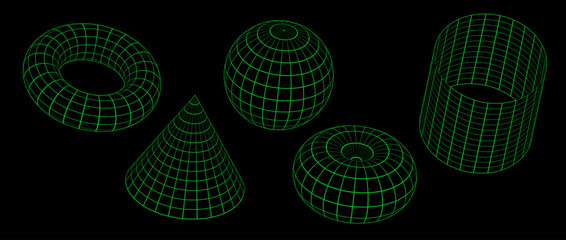 Aufkleber - Green neon wireframe shapes collection. 3d outline sphere, cylinder, cone and torus. Geometric elements for design templates, icons, logo. Abstract lattice objects with connected lines. Vector pack