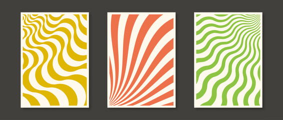 Wall Mural - Retro wave lines and sunbursts backgrounds set. Trippy wavy stripes and distorted curly textures collection. Psychedelic orange, green and yellow groovy distorted wallpapers. Vector banners or posters