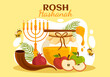 Happy Rosh Hashanah Vector Illustration of Jewish New Year Holiday with Apple, Pomegranate, Honey and Bee in Flat Cartoon Hand Drawn Templates
