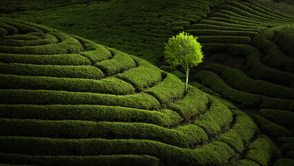 green tea plantations with small tree and beautiful light