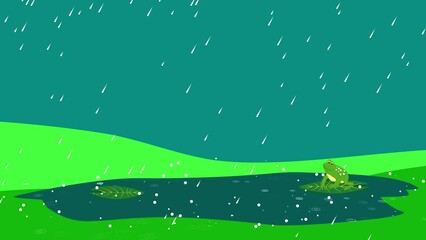 Wall Mural - Frog sitting on the leave on the lake, rainy day animation