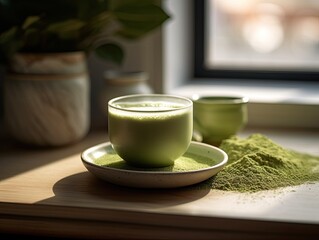 Delicious green matcha latte tea in a glass cup. Aromatic refreshing green mint smoothie in a glass. Generative AI