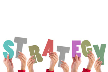 Poster - Digital png illustration of hands holding strategy text letters on transparent background