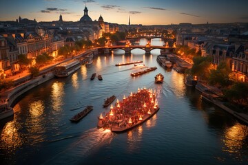 Wall Mural - canoes in the Seine, in Paris at night, generative ai