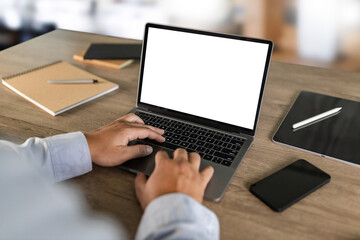 Poster - men using laptop computer working at office workspace with blank display white desktop screen monitor frame empty mockup for copy template advertising communication space