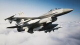 Fototapeta Sawanna - F-16 Fighting Falcon. Jet fighter flying above the clouds