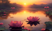 Sunset Over The Lotus Pond Illustration, Generative Ai