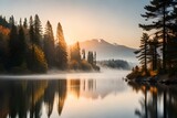 Fototapeta  - The sun slowly rises, casting a soft golden glow over the lake. Towering evergreen trees surround the lake's banks, their reflection gently rippling in the water. 